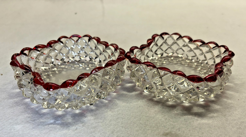 Pair Ruby Stained Pressed Glass Bowls Scalloped Edge Diamond Point Vintage